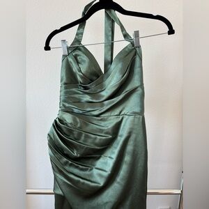 Azazie Satin Backless Dress in Sage